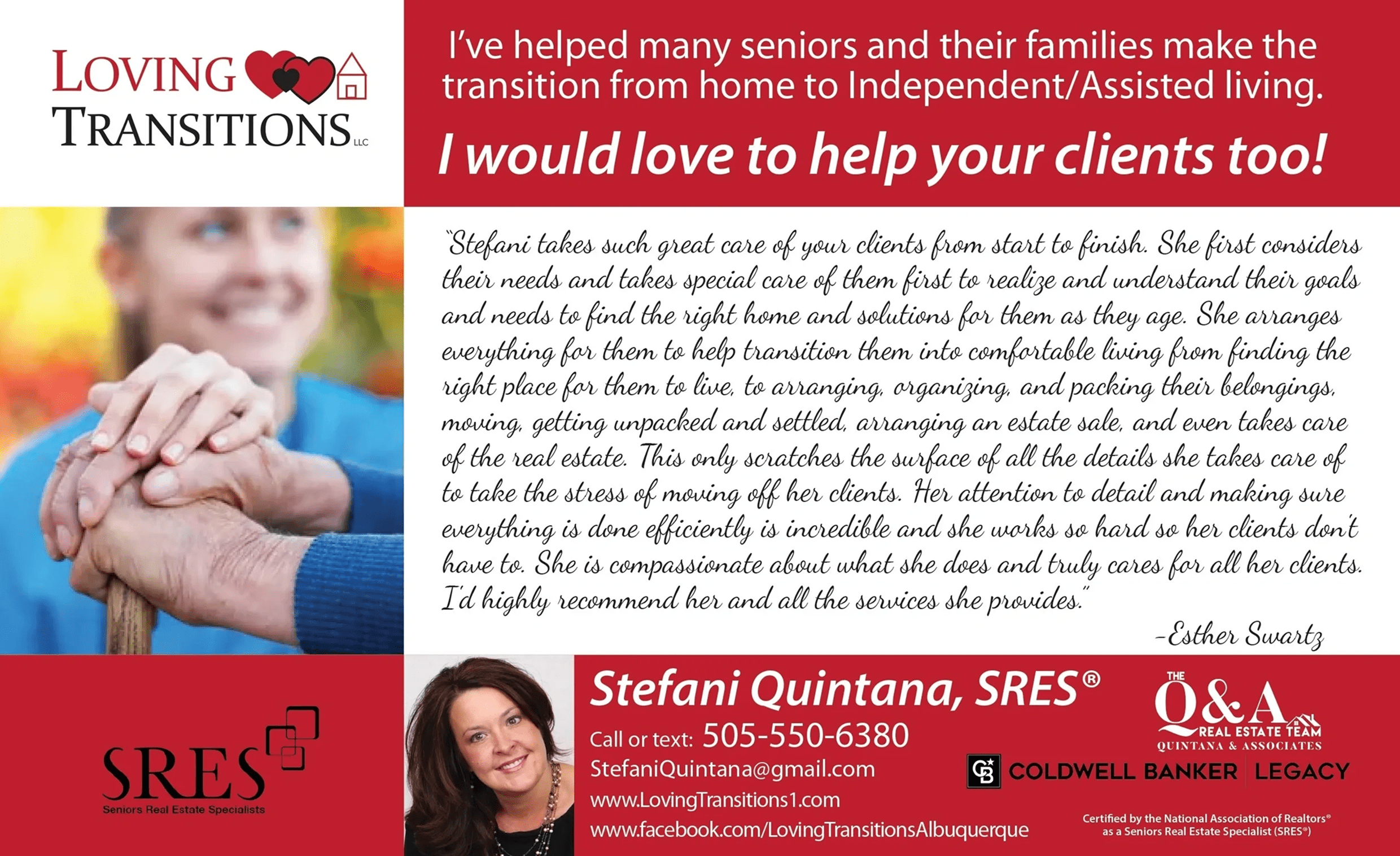 Loving Transitions logo with client testimonial.